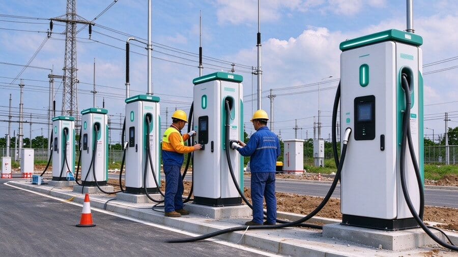 Đội thi công lắp đặt trạm sạc tại công trường