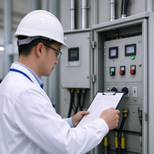 Kỹ sư kiểm tra tủ điện và ghi chép số liệu vận hành